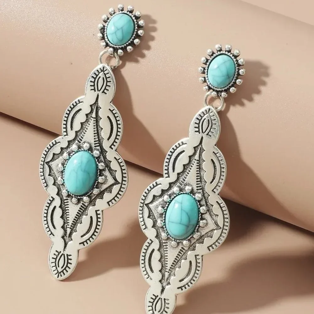 Western Southwestern Boho Cowboy Aged Silver & Turquoise Dangle Earrings NEW - Picture 2 of 5